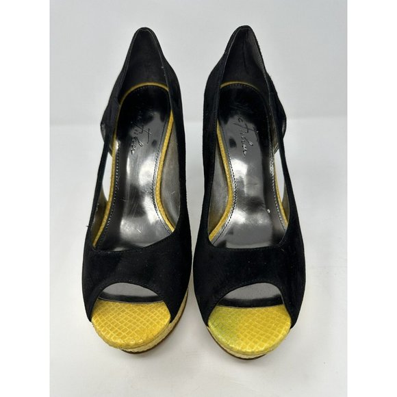 Marc Fisher Black and Yellow Peep Toe Heels with Red Stiletto - Picture 2 of 7